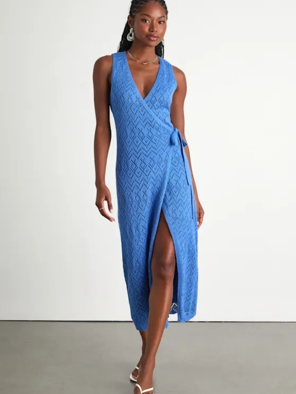 Lulus Livia Blue Pointelle Knit Wrap Midi Dress Size Medium